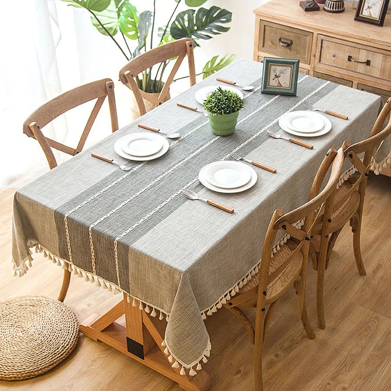 Battilo Linen Cotton Tablecloth | Striped Tassel Table Cover