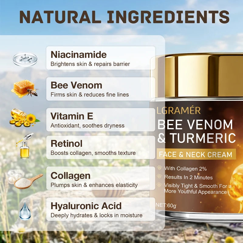 Bee Venom Facial Neck Lifting Cream Firms and Lifts Loose Skin, Smoothes Skin | Alcohol-Free, Containing Hyaluronic Acid,30g/60g Peaceful Pleasures Health and Wellness