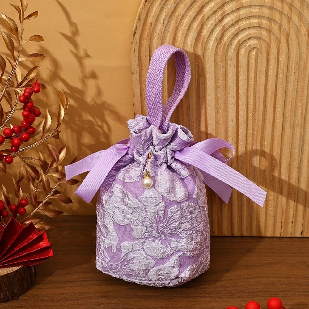 Chinese Style Embossed Flower Drawstring Candy Gift Bag