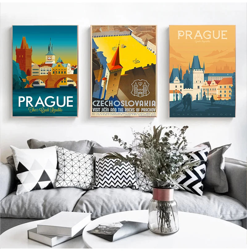 Prague Czech Republic Vintage Travel Canvas Wall Art Poster