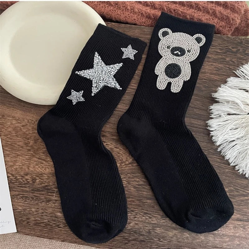 Diamond Cartoon Bear Decorative Socks, Fashionable Diamond Sparkling Women's Socks, Comfortable And Breathable Christmas Socks Peaceful Pleasures Health and Wellness
