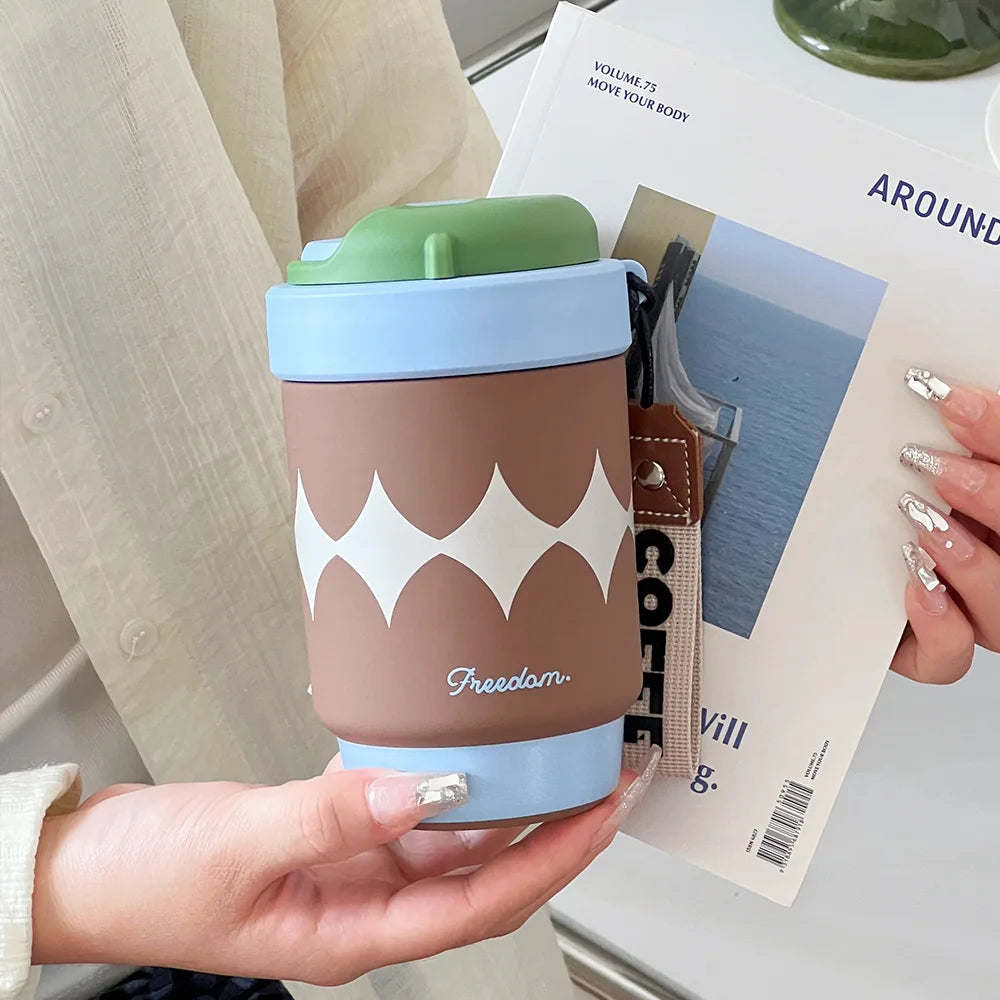 Ceramic Lined Insulated Cup Mini Double Coffee Cups 316 Stainless Steel Student Cups Practical Health Cups Cute Large Capacity Peaceful Pleasures Health and Wellness Coffee Blue1