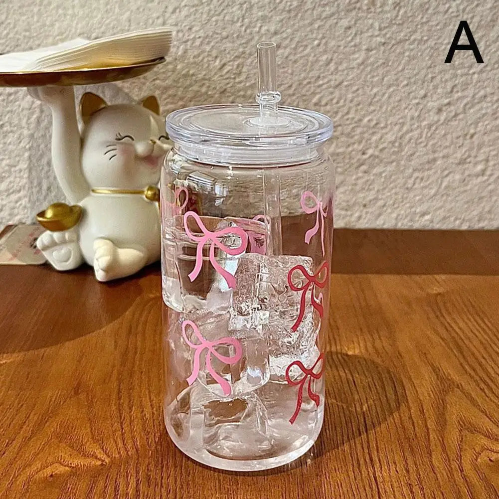 Pink Bow Transparent Plastic Tumbler with Straw | Hot & Cold