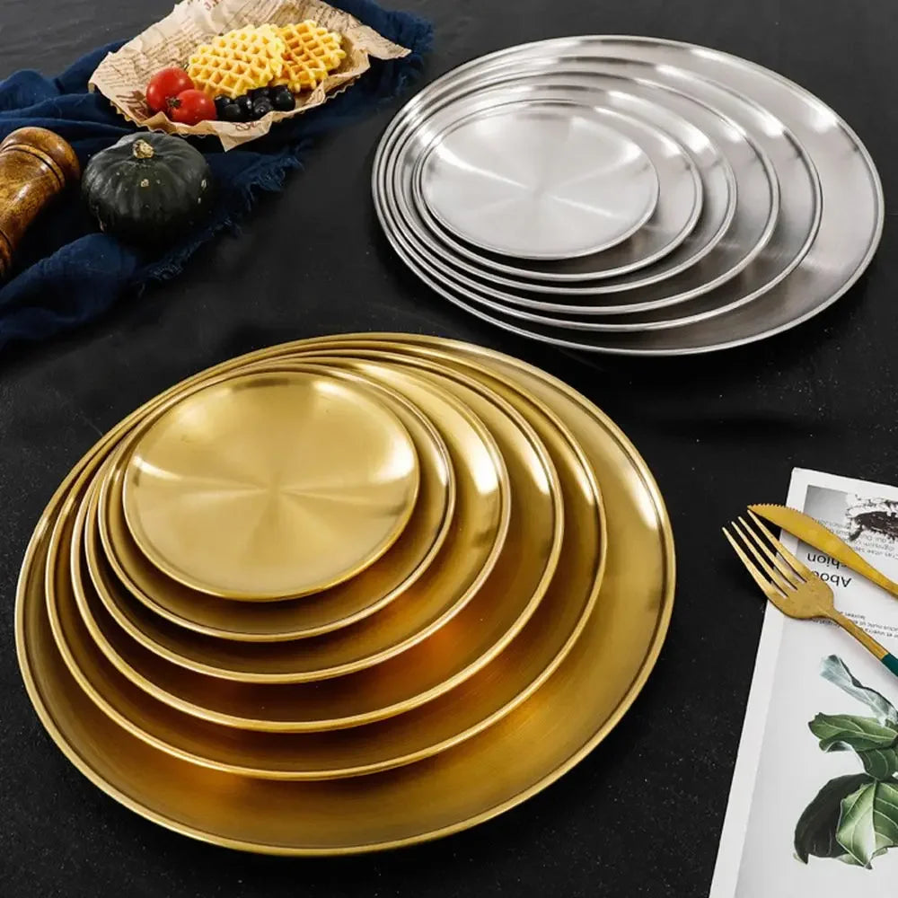 European Style Stainless Steel Dinner Plates Barbecue Serving Dishes Round Tray Western Steak Kitchen Restaurant Storage Tray Peaceful Pleasures Health and Wellness