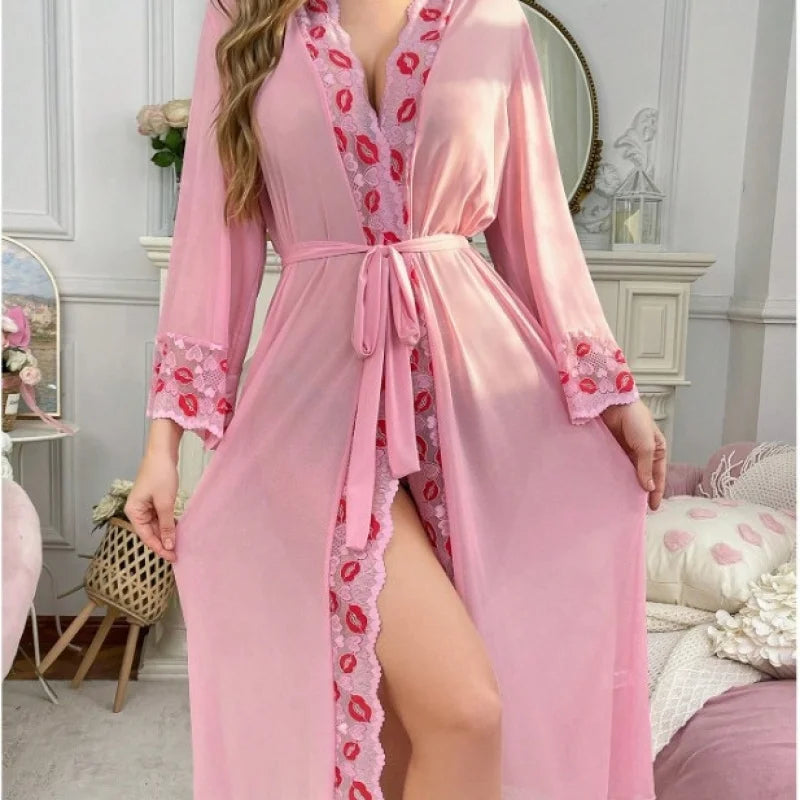 Women's Lace Sheer Long-Sleeve Robe & Lingerie Set
