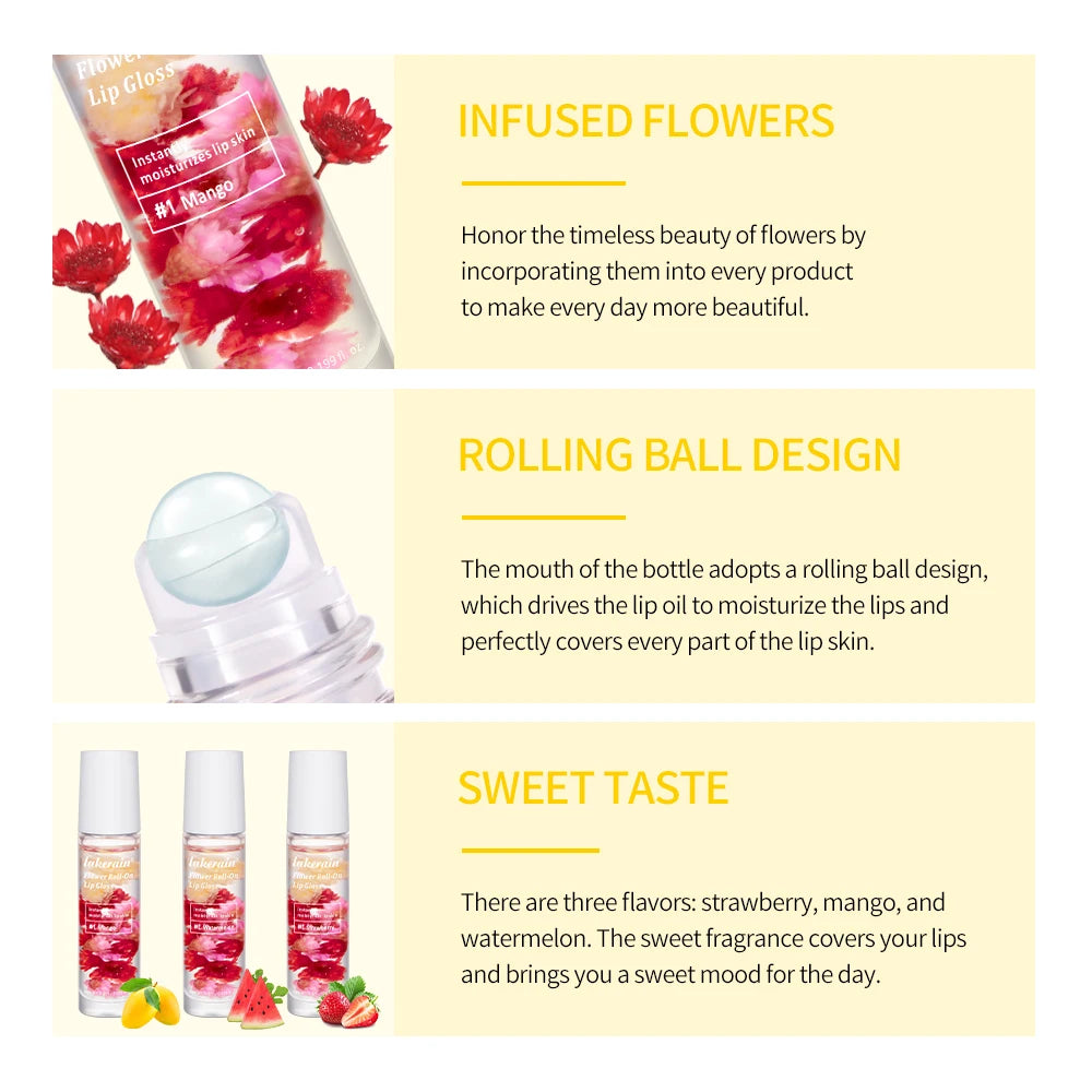 Lip Oil Gloss Blossom Scented Roll on Lip Gloss Infused with Real Flowers Mango Watermelon Strawberry Peaceful Pleasures Health and Wellness