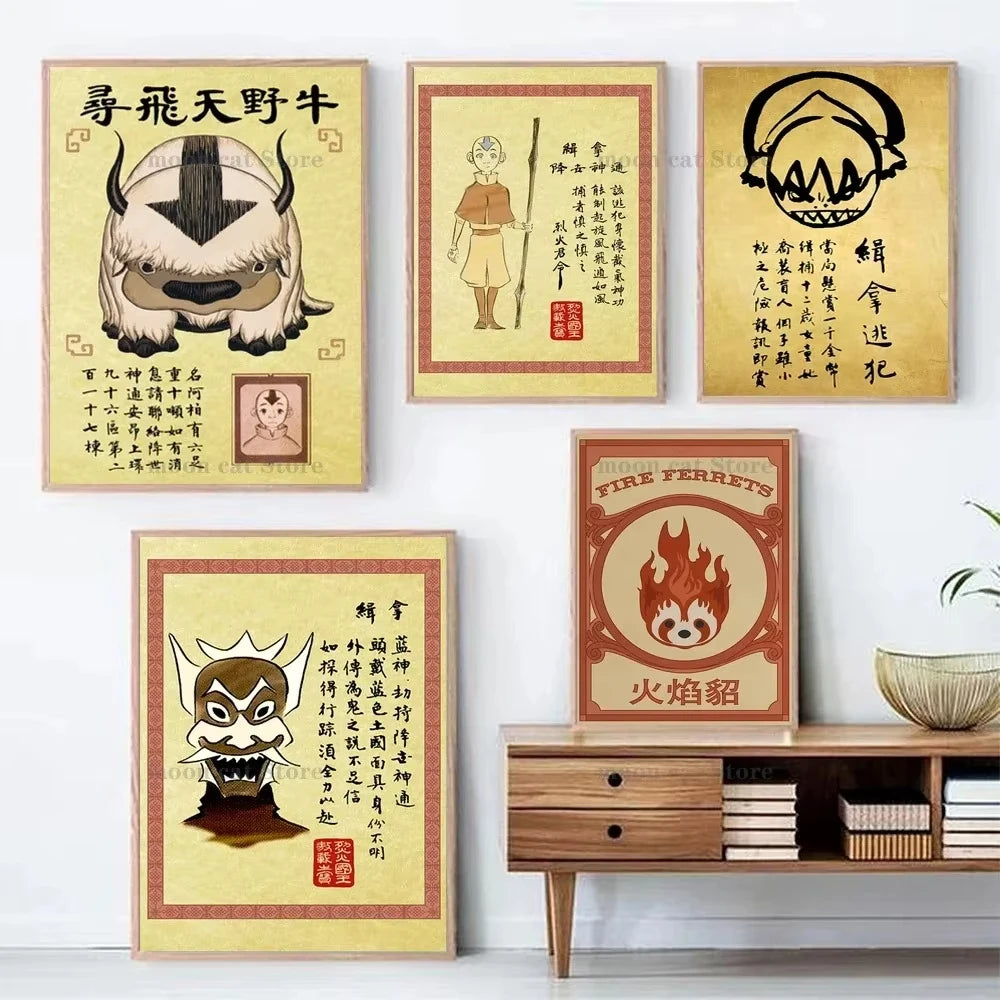 MINISO Last Airbender Wanted Retro Poster Japanese Anime Figure Canvas Painting Wall Art Pictures Room Home Dorm Decor Peaceful Pleasures Health and Wellness