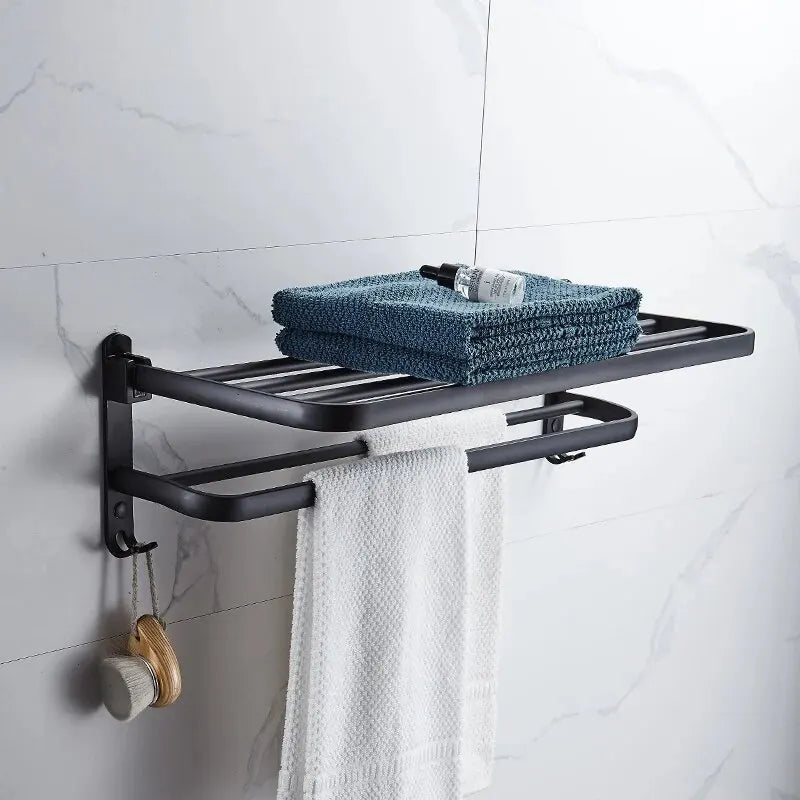 Matte Black 50CM Folding Double Bar Towel Rack | Wall Mount