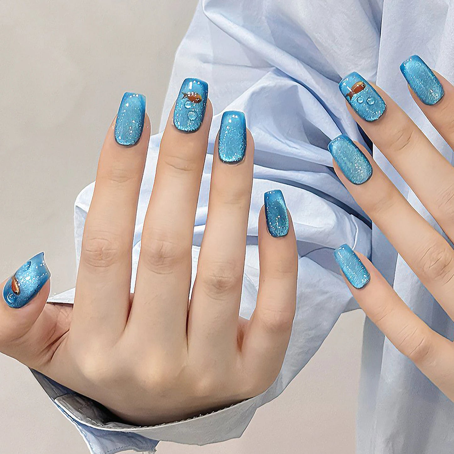 Handmade Press On Nails Goldfish Glitter Blue Cat Eye Ballet 10pc