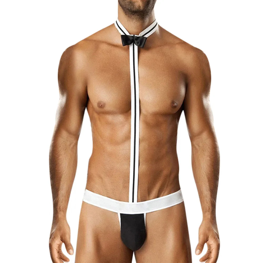 Male Underwear Hot T String Home Men's Sexy Lingerie Bodysuit Bow Tie Performance Clothes T-back thong Thongs Intimates costumes Peaceful Pleasures Health and Wellness Black