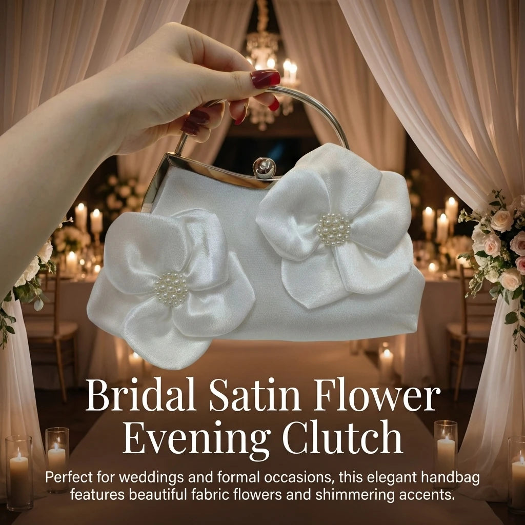 White Flower Clutch Bag For Women Evening Party Wedding Dress With Satin Material Peaceful Pleasures Health and Wellness