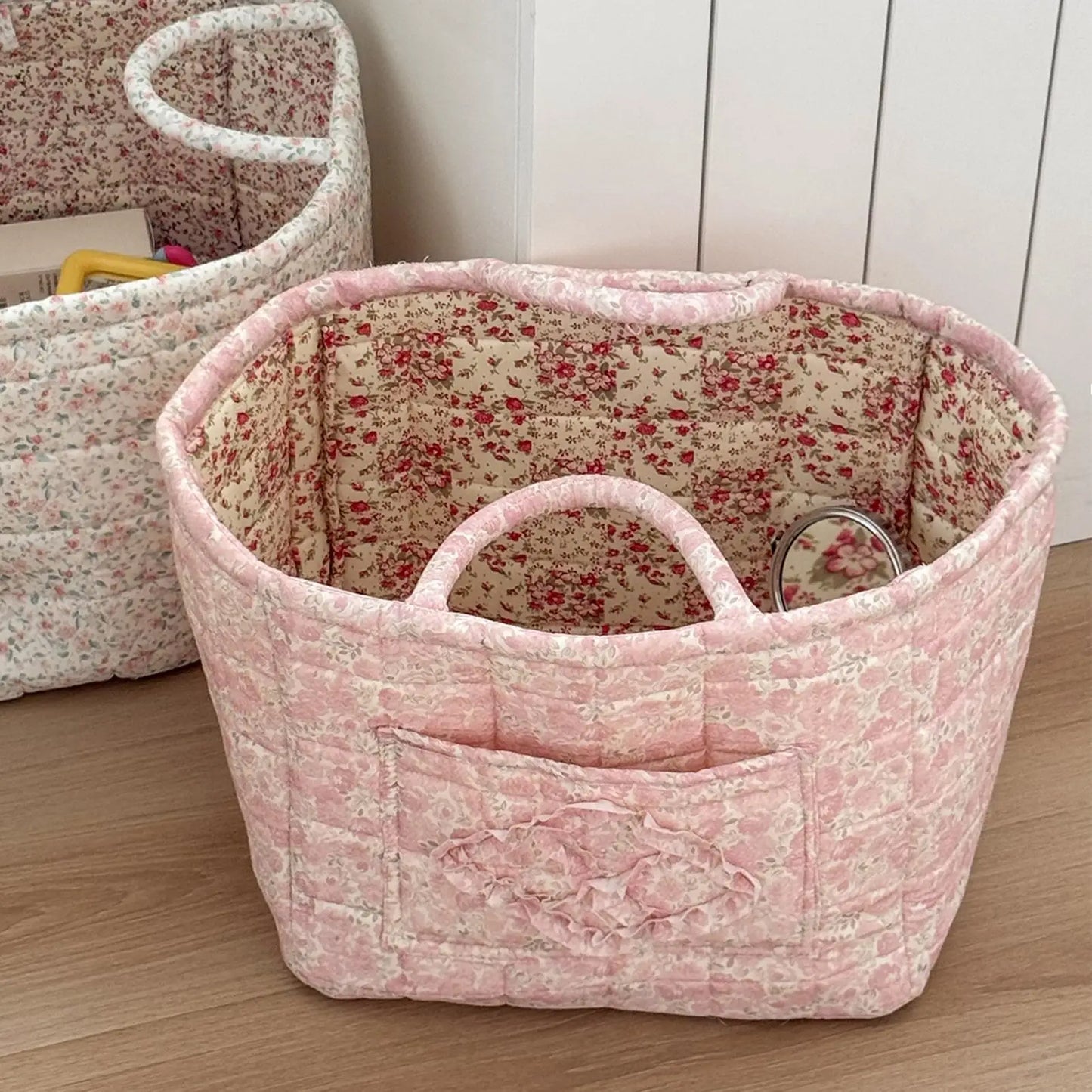 Boho Floral Quilted Storage Basket – Foldable Fabric Organizer