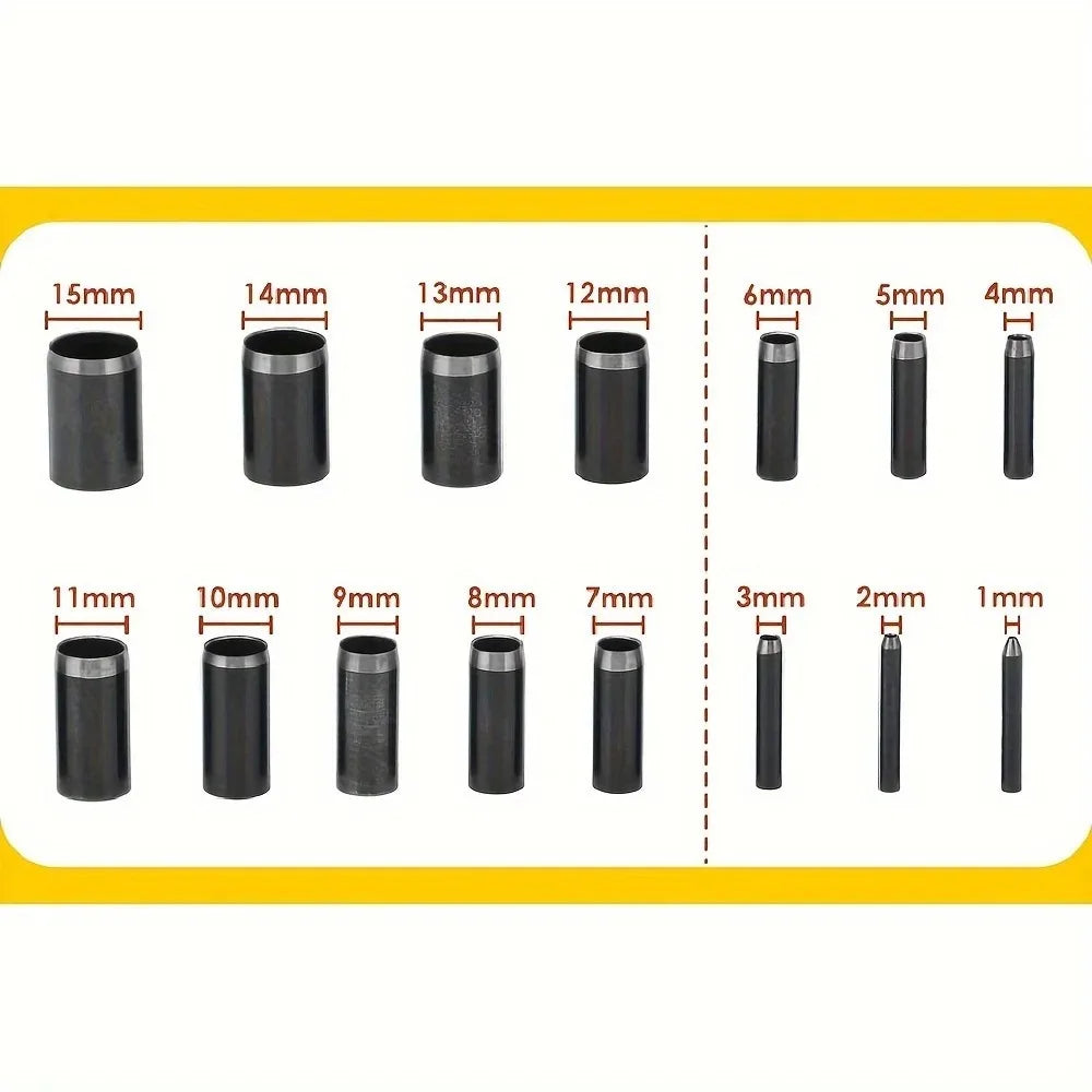 15-Piece Round Leather Hollow Punch Set | Steel Die Cutters 1–15mm