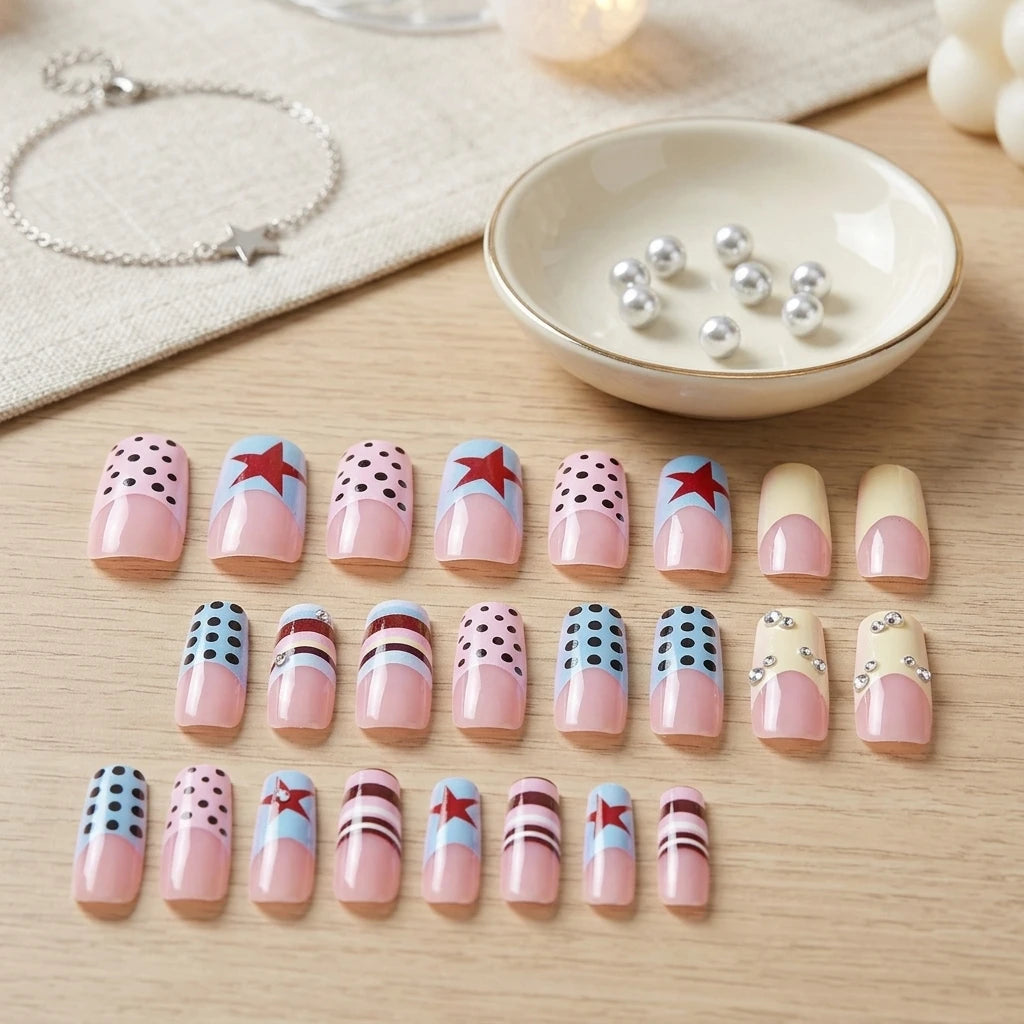 24pcs Y2k 3D Silver Bead Decor Press On Nails Coffin False Nails For Parties Elegant French Polka Dot Manicure Art Kits Wearable Peaceful Pleasures Health and Wellness