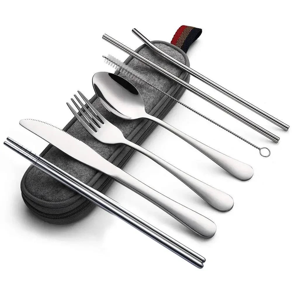 8-Piece Reusable Stainless Steel Travel Cutlery Set – Portable Utensils with Spoon, Fork, Chopsticks, Straw & Case
