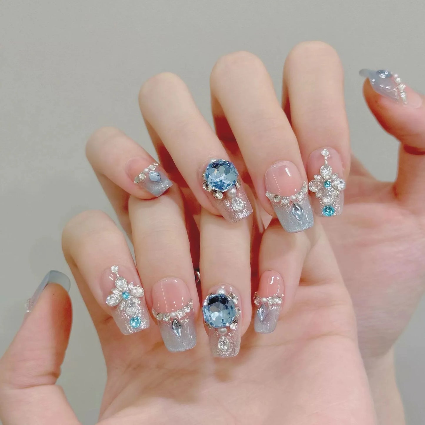 Handmade Press On Nails French Light Blue Cat's Eye K9 Diamond