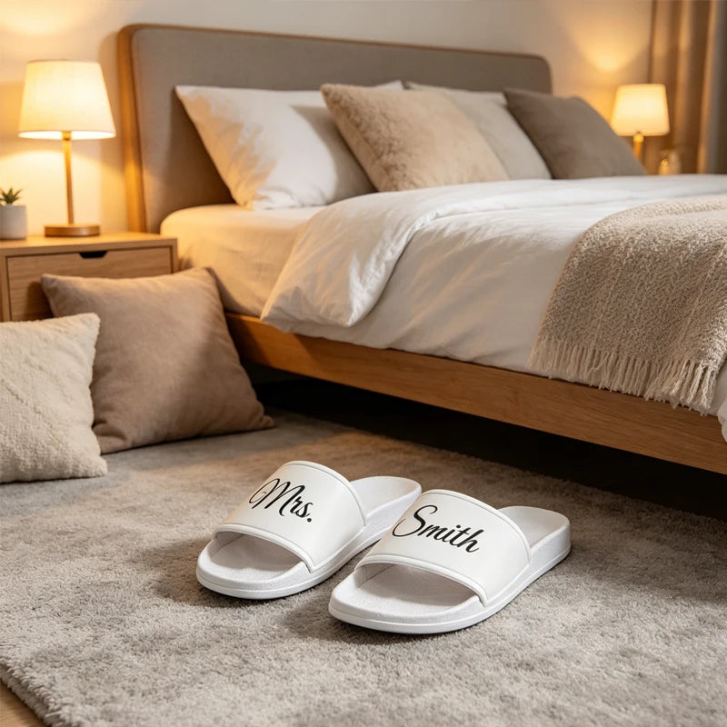 Personalized Name PVC White Background Face Slipper Custom Bride Slide Sandals Wedding Bridal Shower Decoration Mrs Gift Present Peaceful Pleasures Health and Wellness