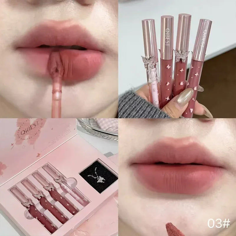 QIBEST New 4 PCs Soft Lip Colors Makeup Kits Include 3*Matte Liquid Lipstick And 1*Lip Balm Oil Cosmetic Sets With Necklace Gift Peaceful Pleasures Health and Wellness