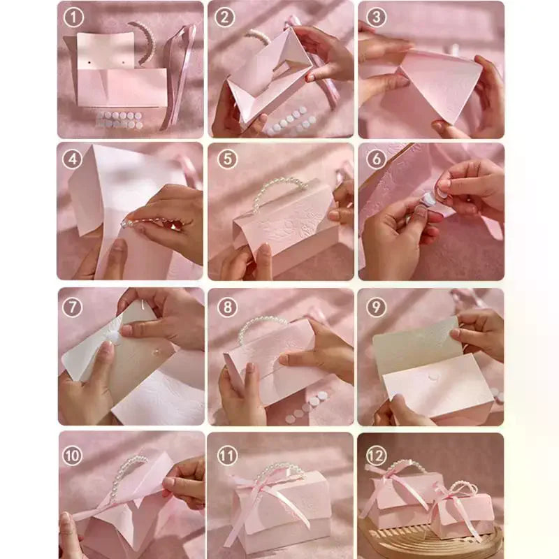 10-Pack Pink Pearl Ribbon Gift Boxes | Wedding Candy Favor