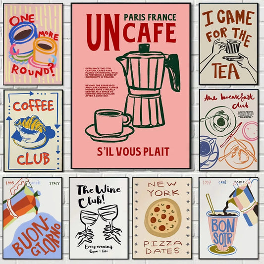 Coffee Shop Afternoon Tea Croissant Colorful Coffee Cup Retro Poster Canvas Paintings Wall Art Pictures Cafe Kitchen Home Decor Peaceful Pleasures Health and Wellness