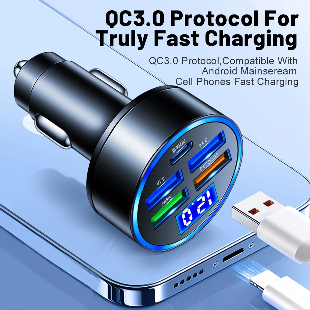 5-Port 250W PD QC3.0 USB Car Charger with LED Display
