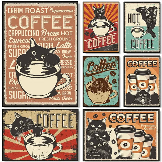Vintage Coffee and Cat Poster Coffee Addict Cat Lover Funny Canvas Painting Wall Art Picture for Cafe Living Room Home Decor Peaceful Pleasures Health and Wellness