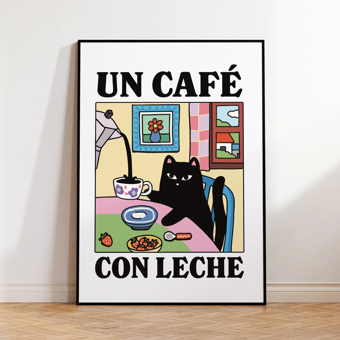 Cartoon Cat Café Con Leche Canvas Wall Art Print | Kids Room