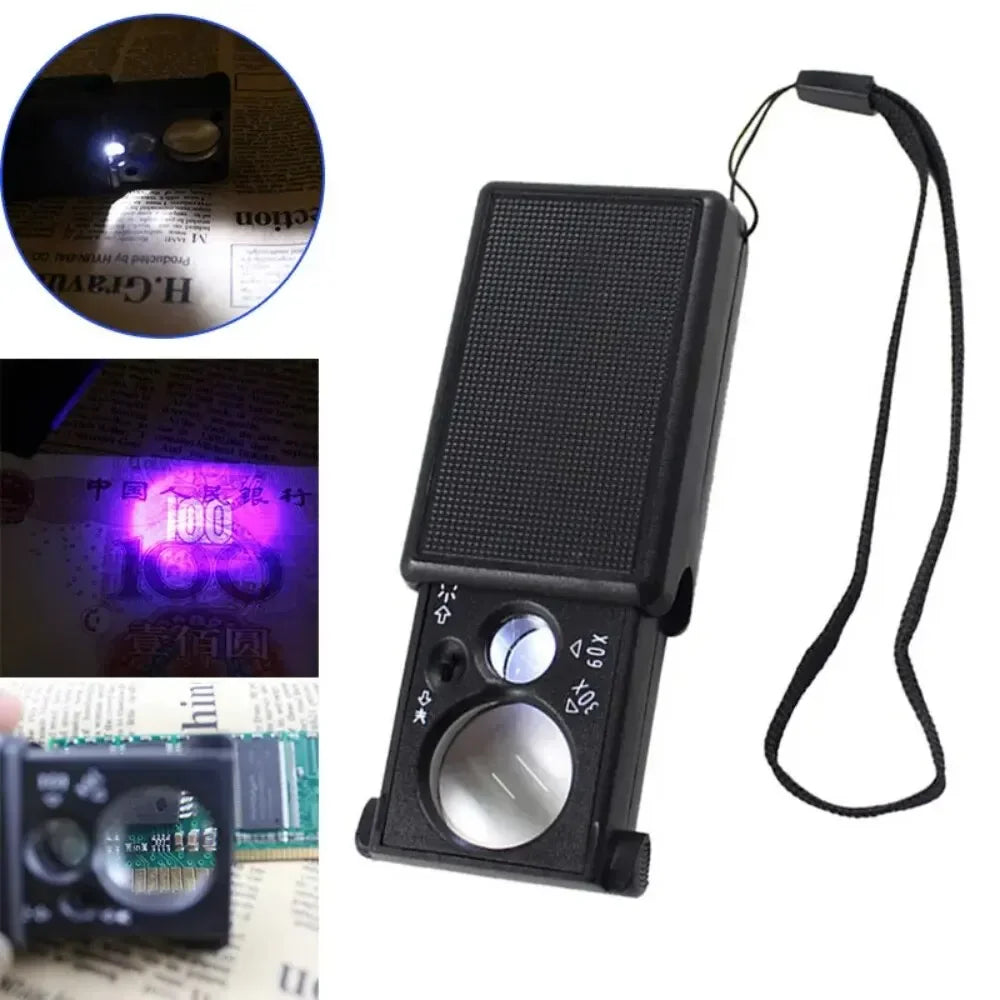Portable Handheld Jewelry Magnifying Glass 30X 60X with UV Light and 12 LED for Watch Repair Currency Detection and Reading Peaceful Pleasures Health and Wellness