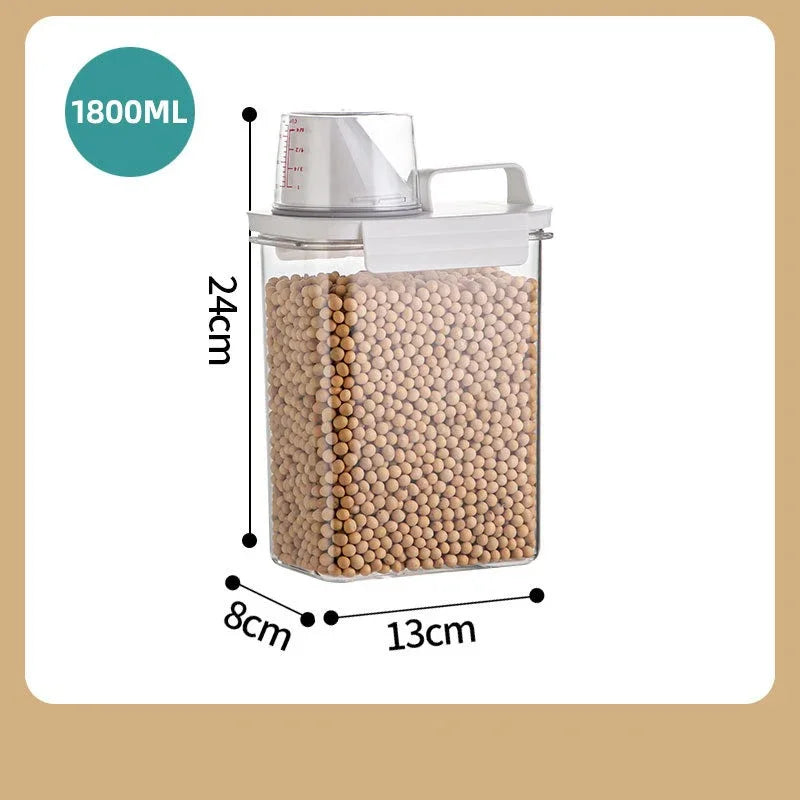 Airtight Transparent Rice & Grain Storage Bucket with Measuring Cup | Insect-Proof, Moisture-Proof, 1–2L
