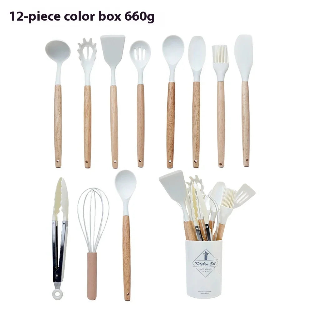 12Pcs Silicone Kitchen Cooking Utensils Set Wooden Handle Cooking Tool Non-stick Cookware Spatula Shovel Egg Kitchenware Beaters Peaceful Pleasures Health and Wellness White 12Pcs