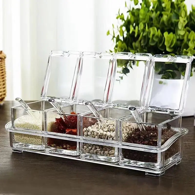 4 Pieces Kitchen Clear Seasoning Box Storage Container Condiment Jars Acrylic Seasoning Box with Cover and Spoon Peaceful Pleasures Health and Wellness