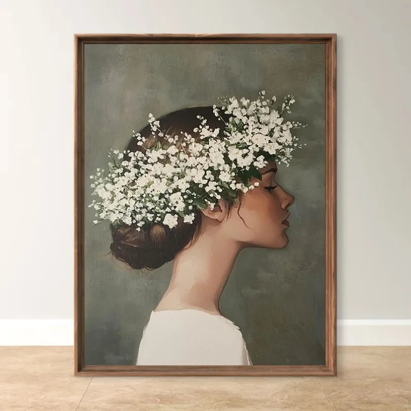 Boho Floral Bird Girl Portrait Canvas Wall Art | Nordic Print