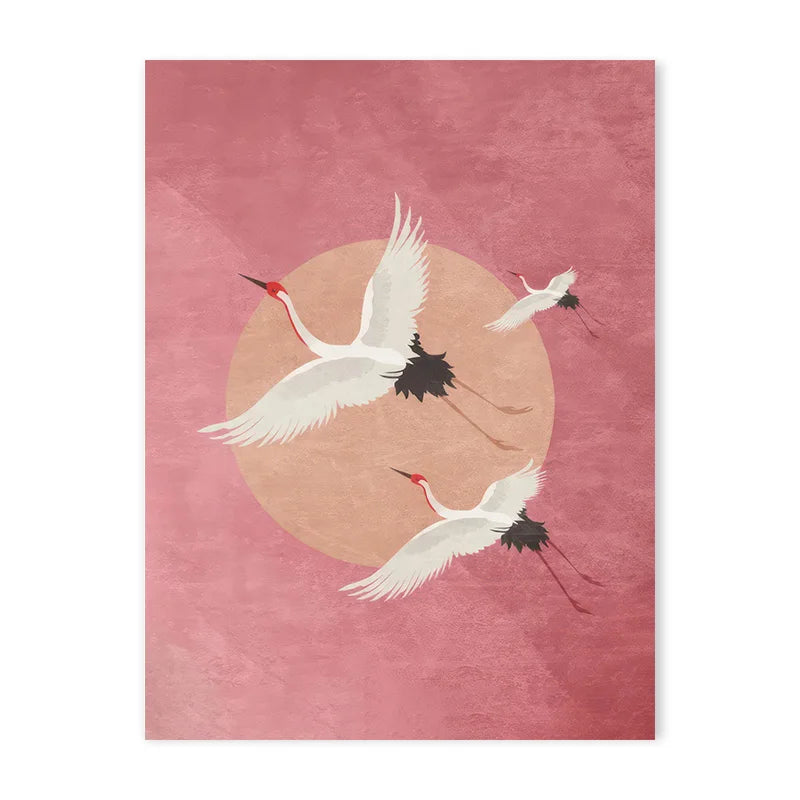 Red Crane Hokusai Canvas Wall Art | Coastal Vintage Print