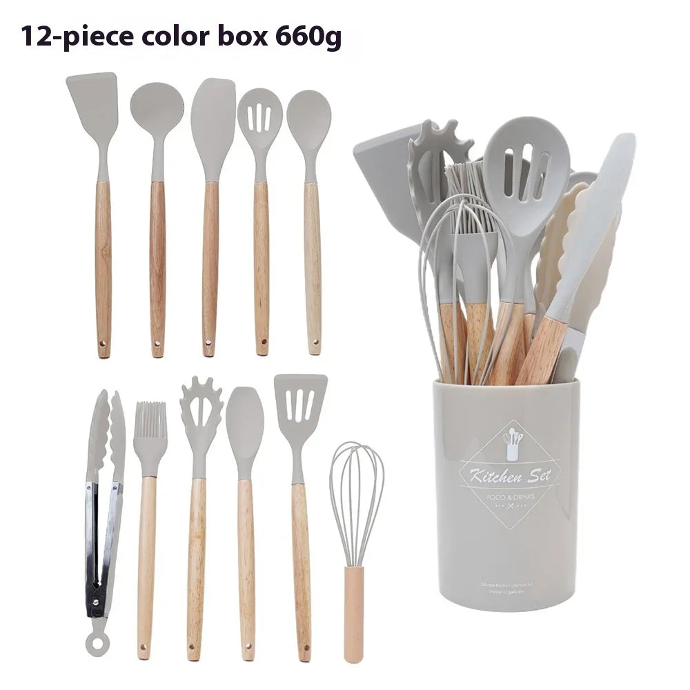 12Pcs Silicone Kitchen Cooking Utensils Set Wooden Handle Cooking Tool Non-stick Cookware Spatula Shovel Egg Kitchenware Beaters Peaceful Pleasures Health and Wellness khaki 12Pcs