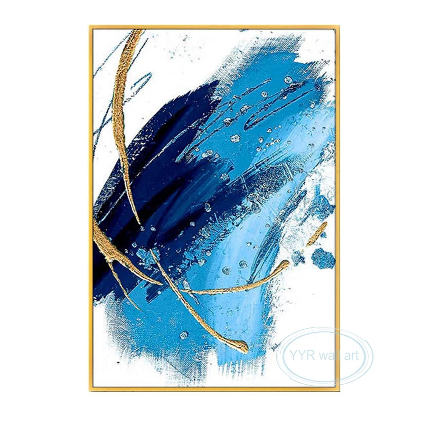 Canvas Wall Art Blue Oil Painting Handmade Gold Leaf Aesthetics Mural Living Room Bedroom Restaurant Porch Luxury Decor Poster Peaceful Pleasures Health and Wellness No frame 80cmx140cm
