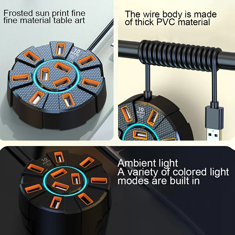 7-Port/10-Port High-Speed USB 2.0 Hub with LED, Multi-Port Splitter Power for PC Laptop, Keyboards, Mice, 1.2m Power Adapter Peaceful Pleasures Health and Wellness