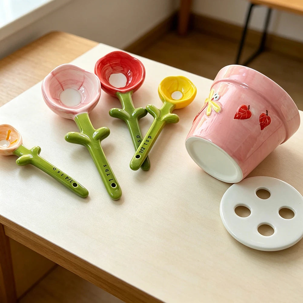 Ceramic Flower Measuring Spoons Holder Set With Holder,Charming Kitchen Decor For Room Decor,For Baking Cooking Accesories﻿ Peaceful Pleasures Health and Wellness