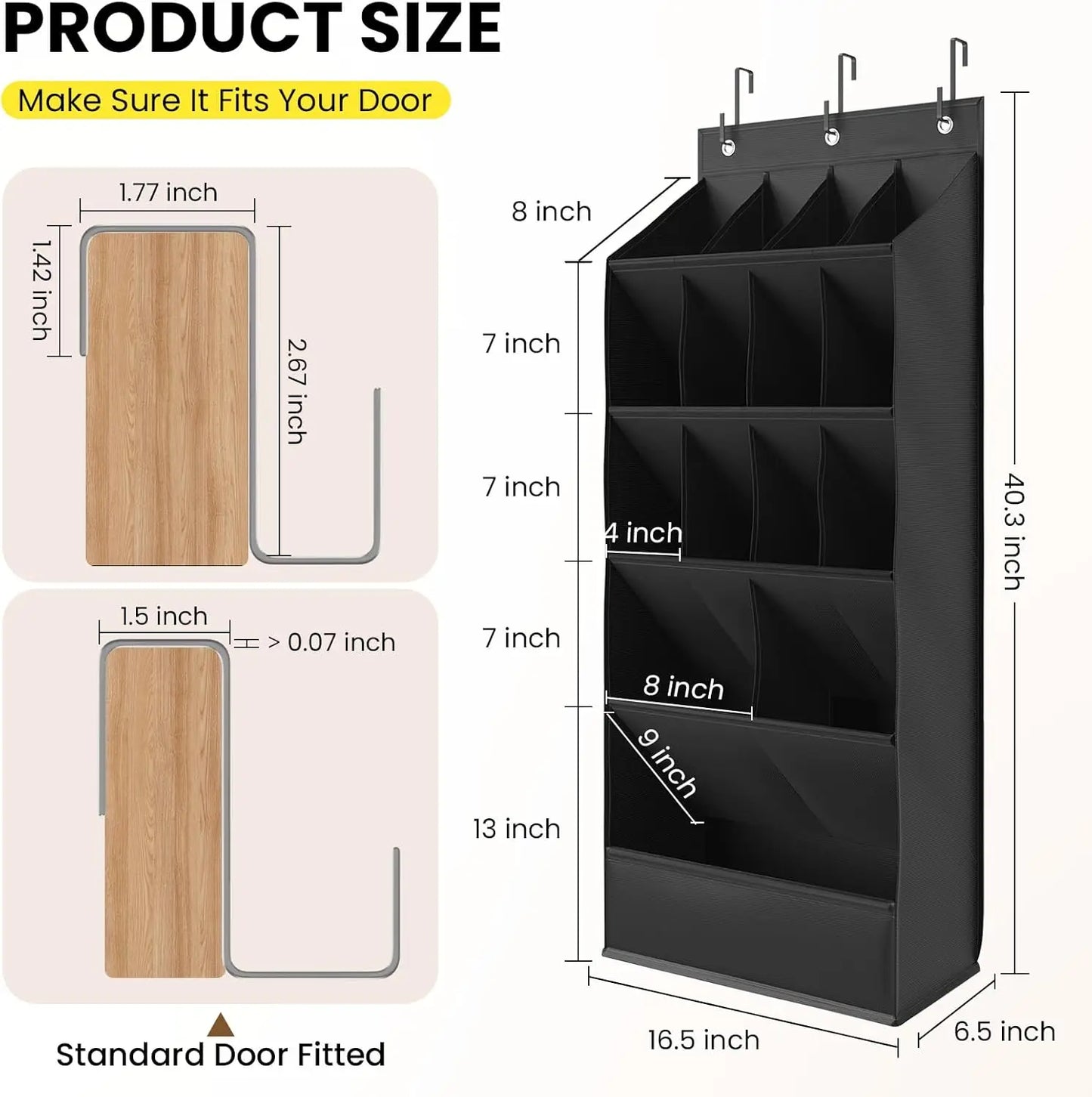 Black hanging organizer with dimensions labeled on a white background