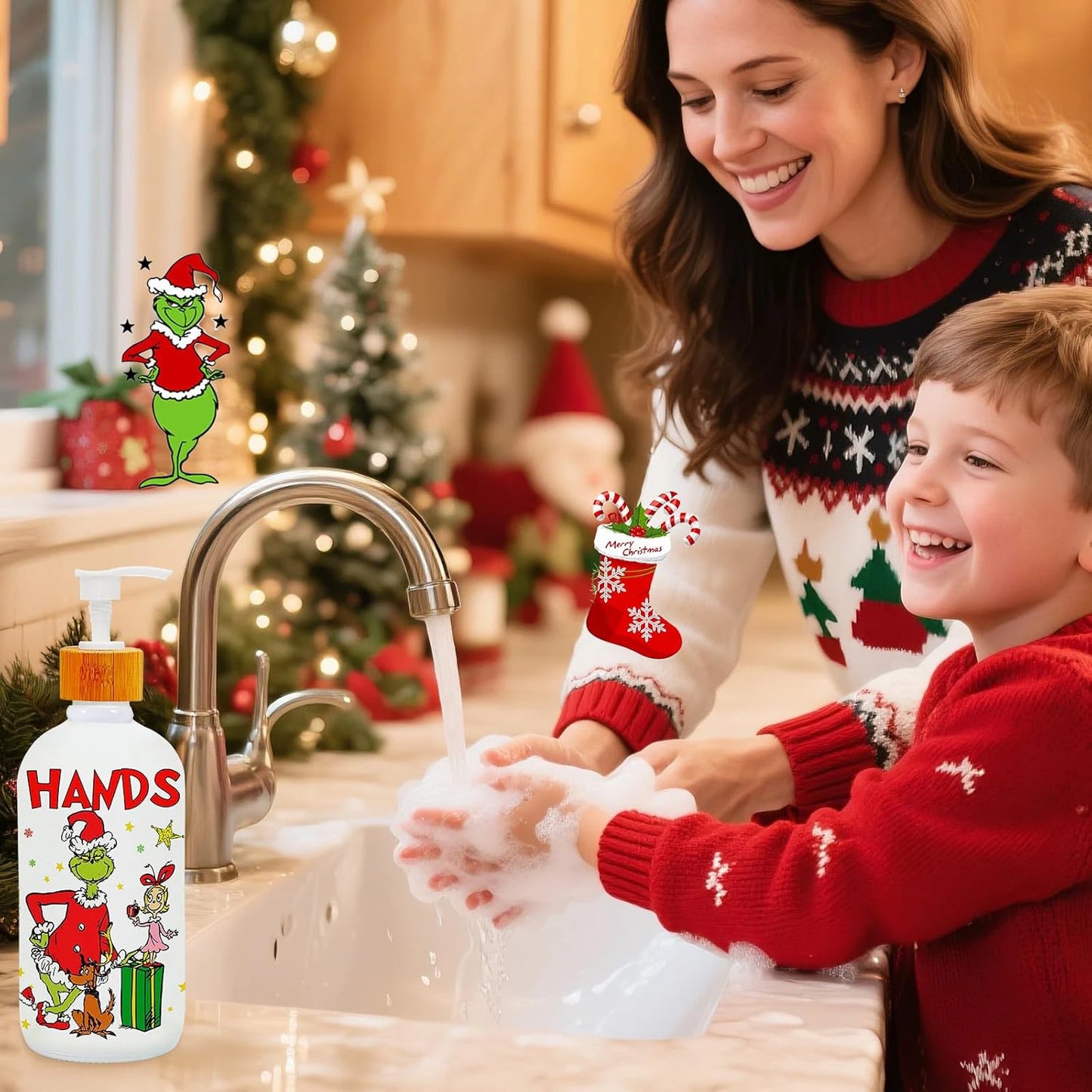 2-Piece Christmas Soap Dispenser Set with Pump & Tray – Refillable Holiday Hand Soap Bottles