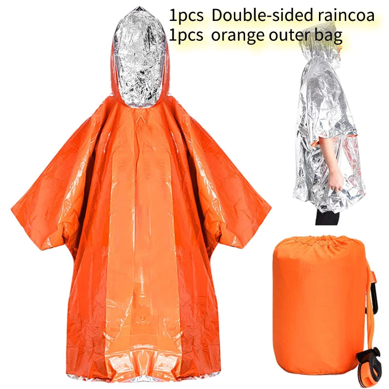 Emergency Survival Rain Hot Poncho Thermal Survival Space Blanket Thermal Raincoat Heat Reflective Waterproof for Camping Hiking Peaceful Pleasures Health and Wellness raincoat and bag