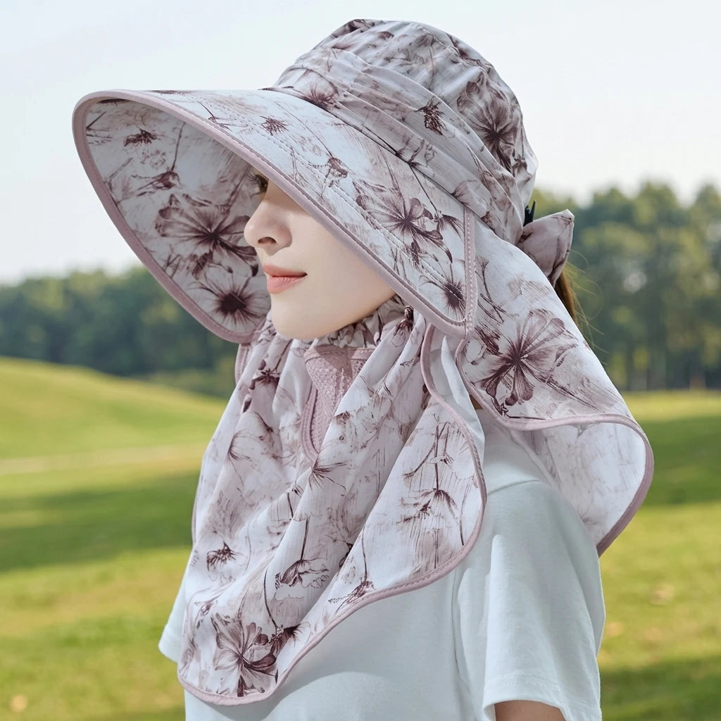 Sun Protections Hat with Face-Mask UV Resistant Wide Brim for Outdoor Cycling Farming Peaceful Pleasures Health and Wellness