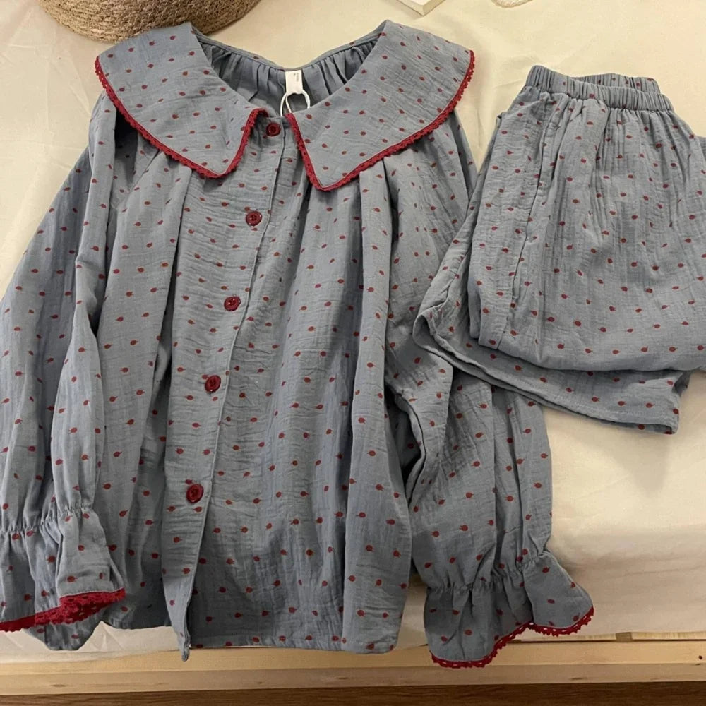 New Korean Style Cute Polka Dot Baby Doll Collar Pajamas Autumn Cloud Cotton Loose Long Sleeves Student Dormitory Home Wear Set Peaceful Pleasures Health and Wellness print M