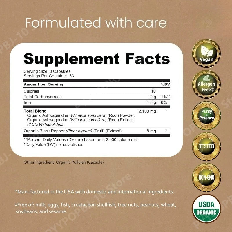 Organic Ashwagandha Capsules | Root Powder & Extract 100 Ct