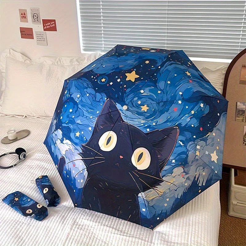 Blue Cartoon Cat Folding UV Umbrella – Sun & Rain Protection