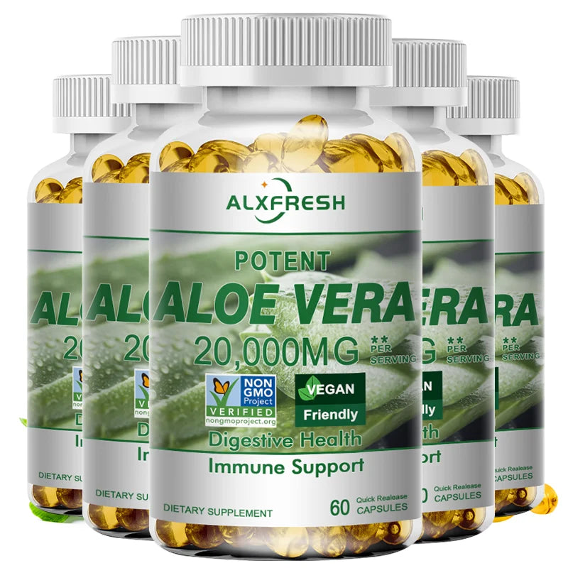 Aloe Vera Capsules Improve Digestive Health Soothe The Intestines Provide Antioxidant Detoxifying Effects Promote Skin Health Peaceful Pleasures Health and Wellness 5 Bottles 60PCS