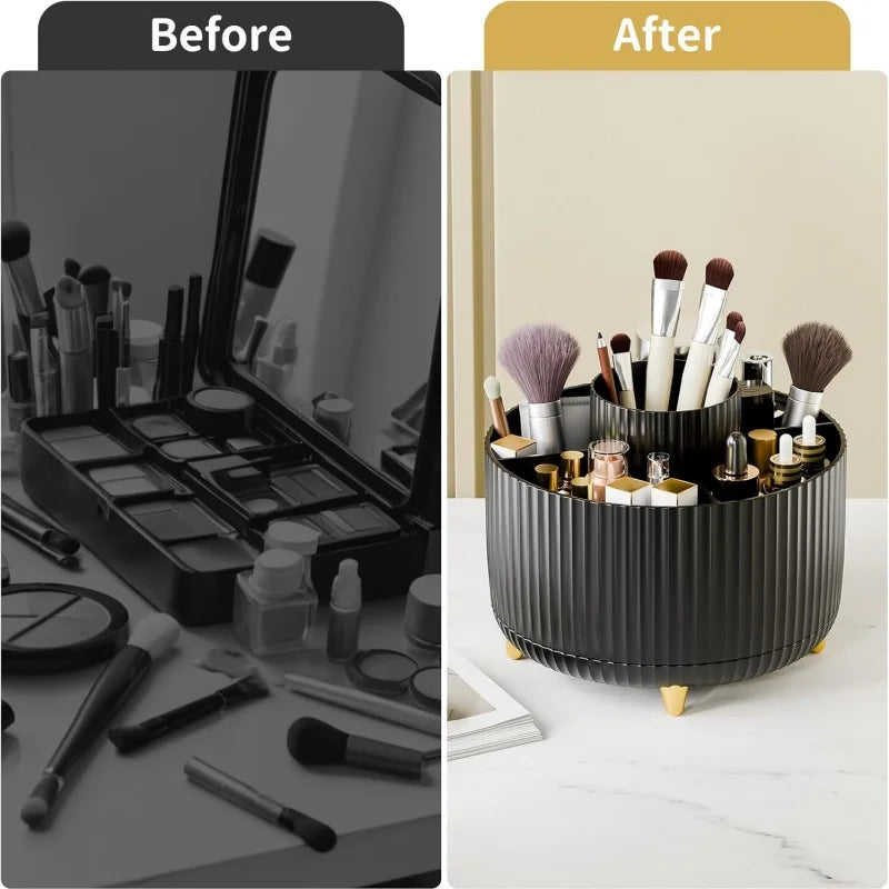 360° Rotating Makeup Organizer with Brush Holder & Perfume Tray