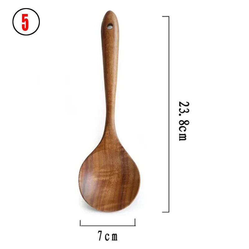 7pcs/set Teak Natural Wood Tableware Spoon Ladle Turner Rice Colander Soup Skimmer Cooking Spoon Scoop Kitchen Reusable Tool Kit Peaceful Pleasures Health and Wellness 5