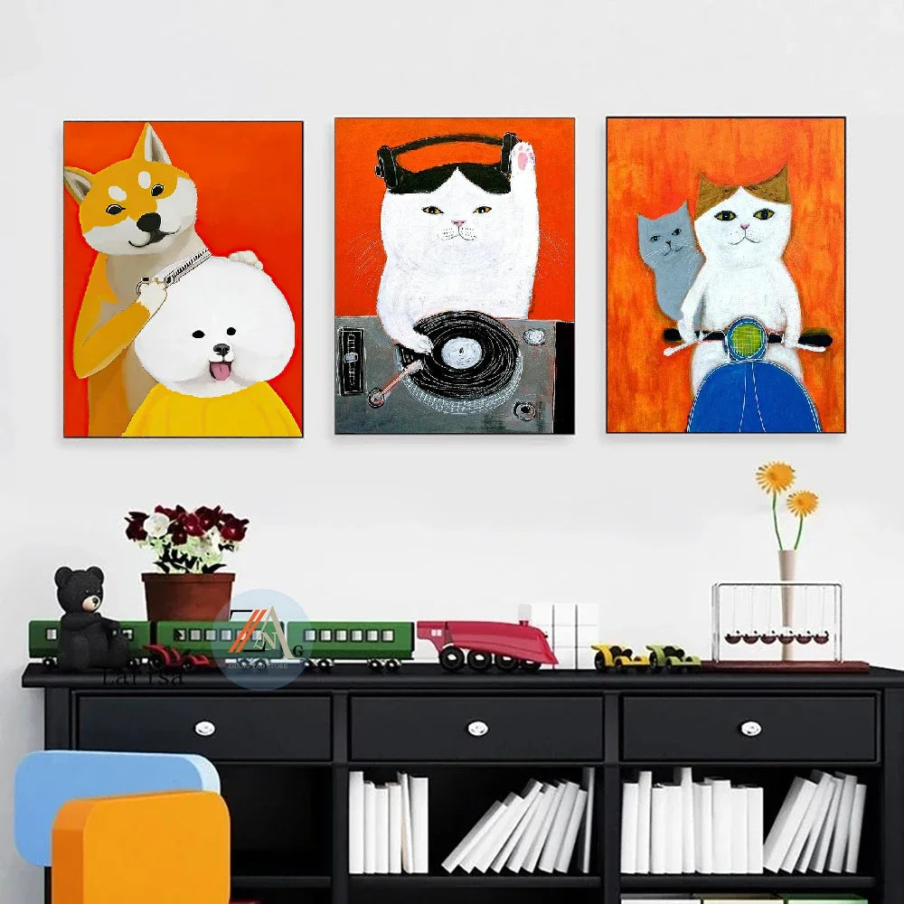 Wall Art Mural Modern Cartoon Cat And Dog Haircut Humor Poster Canvas Painting Hand-Painted Picture Printing Home Room Decor Peaceful Pleasures Health and Wellness