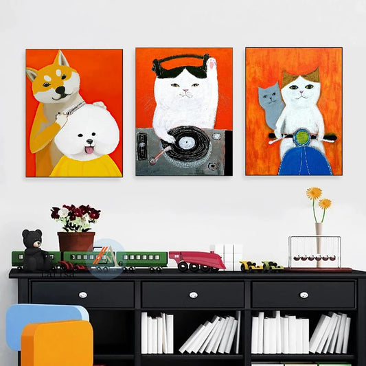 Wall Art Mural Modern Cartoon Cat And Dog Haircut Humor Poster Canvas Painting Hand-Painted Picture Printing Home Room Decor Peaceful Pleasures Health and Wellness