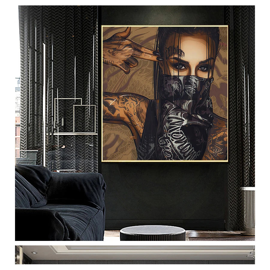 Oil Painting Posters and Prints on Canvas Wall Art Picture for Living Room Cuadros Home Decor Wearing Mask Tattoo Girl Portrait Peaceful Pleasures Health and Wellness